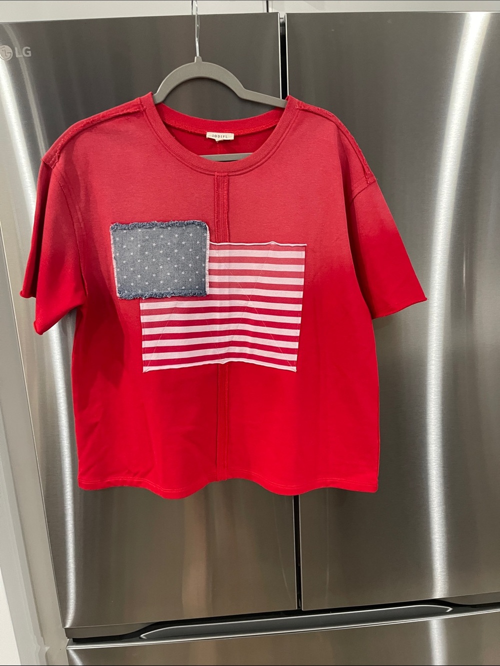 JODIFL Red Short Sleeve Tee with Patchwork Flag